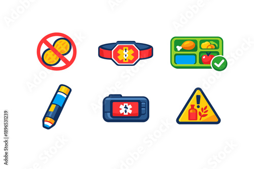 Icons showing safety measures for allergies, emergency equipment, and potential hazards in a simple design without excessive detail