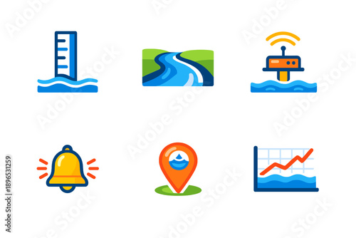 Icons representing water levels, river monitoring, alert systems, location markers, and data trends in a digital format