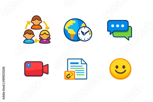 Icons representing communication, time, and connection on a simple background used for illustrating digital concepts and online interactions