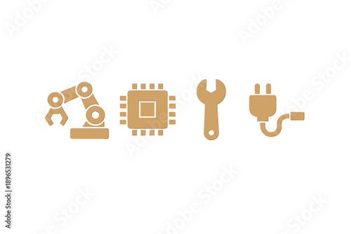 Icons show robotic arm, microchip, wrench, and power plug in flat design representing engineering and technology fields around the world