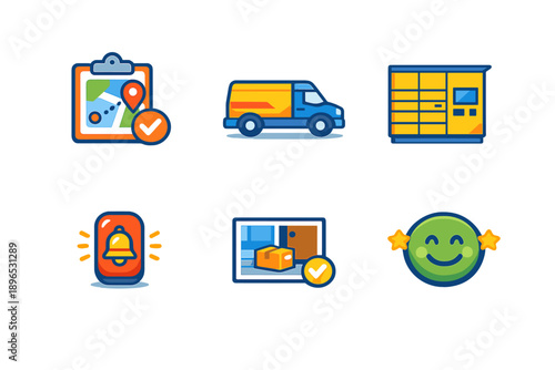 Delivery process with tracking, vehicle, smart locker, notification bell, package at door, and positive customer reaction