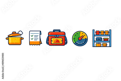 Cooking process and meal preparation symbols with a pot, a recipe note, a lunchbox, a timer, and a shelf filled with containers all shown together in one graphic format
