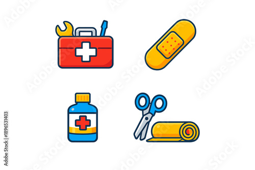 First aid kit with tools, bandage, medicine bottle, scissors, and gauze on a white background displaying health and safety items