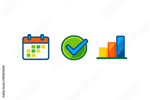 Calendar and check mark with bar graph show planning and tracking progress for tasks and goals throughout the year