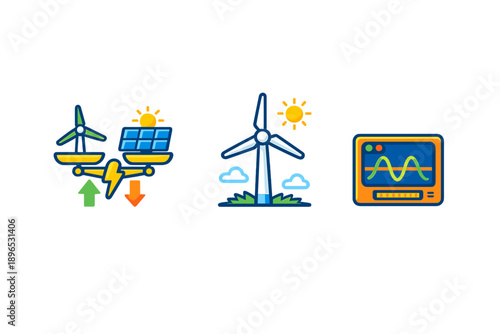Renewable energy icons showing wind power, solar power, and energy management systems in a simple style