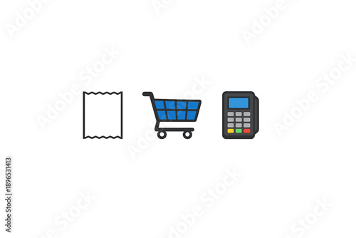 Shopping process with receipt, cart, and payment terminal in a retail setting during daytime