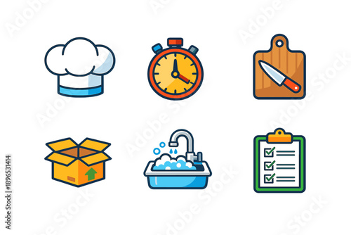 Activity related to cooking with tools used by a chef, including a timer, cutting board, knife, box, sink, and checklist