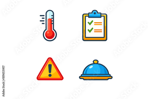 Icons showing temperature measurement, checklist, warning sign, and serving dish in a simple layout