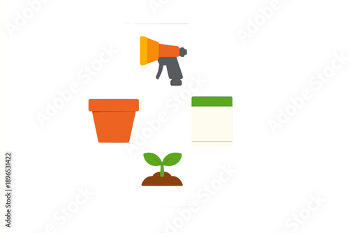 Gardening tools and supplies are displayed in a simple layout showing a plant, a spray tool, a pot, and a jar of soil