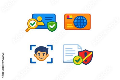 Various identification symbols showing document verification, security checks, and user identity verification through tools like scanning and checks