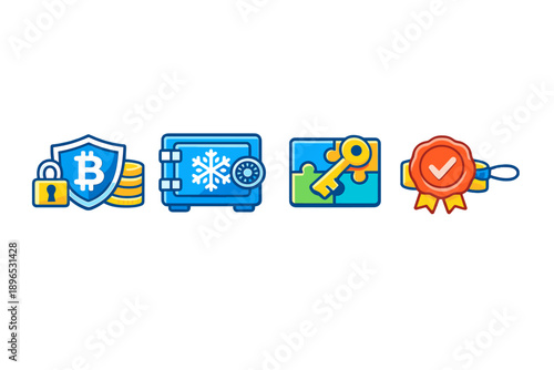 Four icons representing security and storage for cryptocurrency, illustrating key concepts such as protection, safes, encryption, and verification in digital currency management