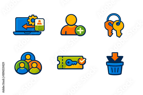 Icons showing user management, access keys, and group functions for a digital platform in a simple design