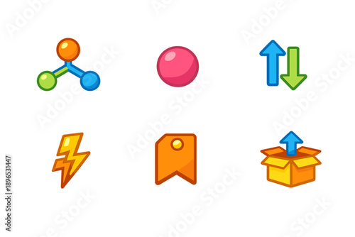 Different colorful icons showing shapes and symbols such as molecules, arrows, and a box with an upward direction on a plain background