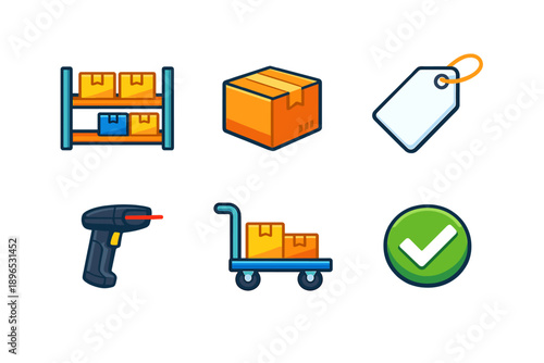 Boxes on a shelf with a package, tag, scanner, cart, and checkmark in a warehouse setting with items prepared for shipping