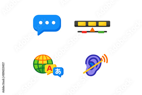 Different icons representing communication, language, audio, and global interaction designed for digital use and applications found in various online platforms
