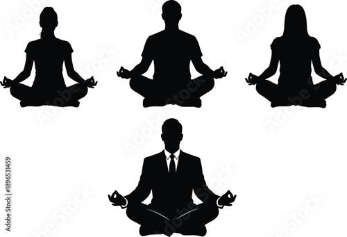 Meditation yoga silhouette illustration, business mindfulness concept, calm focus energy, lotus pose practice, spiritual balance, mental health wellness background design