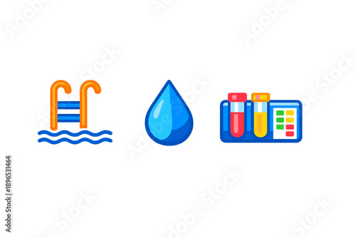 Swimming pool and water drop icons with laboratory test tubes on a simple white background showing elements of water quality testing in one image