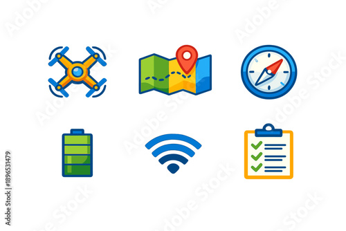 Drone, map, compass, battery, WiFi signal, and checklist icons used for navigation and planning in outdoor activities
