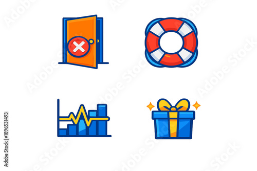 Images show various icons related to safety, data analysis, and gift giving in bright colors and simple designs with no specific context