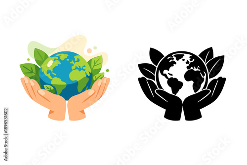 Hands holding a globe with green leaves on one side and a silhouette version on the other, symbolizing environmental protection and sustainability efforts worldwide
