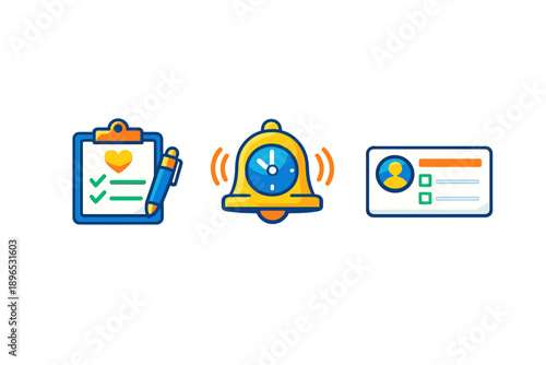 Checklist, alarm bell, and user card are shown in a simple graphic design related to planning and notifications in a digital format