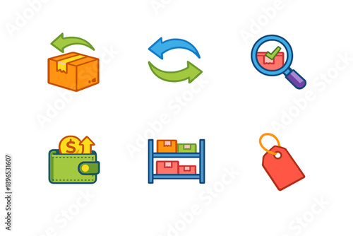 Icons representing shipping, returns, tracking, and inventory management for e-commerce activities