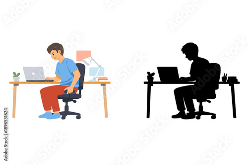 Young person works at a desk with a laptop and a lamp in a bright room while another silhouette shows the same scene in shadow