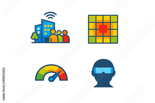 Icons representing technology, smart city concepts, and virtual reality applications used in various sectors for modern developments