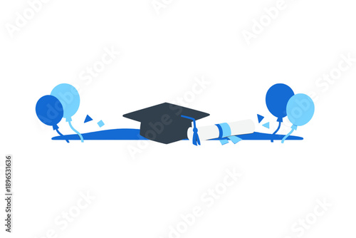 Graduation celebration with a black cap, diploma, and blue balloons in a simple design for a festive occasion in a bright setting
