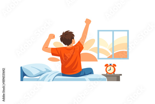 Person wakes up and stretches in bed while the sun rises by the window in a bright morning scene