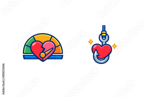 Heart gauge and heart hook design used in health and wellness graphics in bright colors