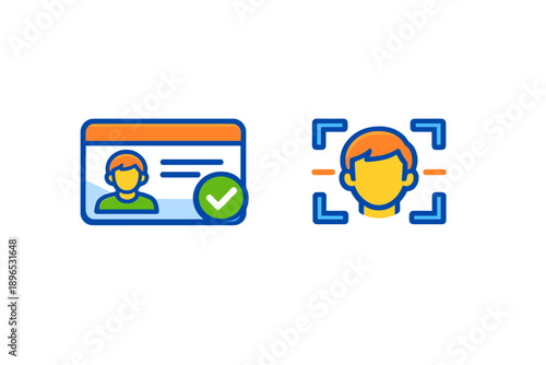 Digital identity card with verification check next to a facial recognition scanner showing a person's profile