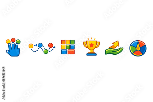 Colorful icons show activities related to games, learning, and achievement in a simple design set against a white background