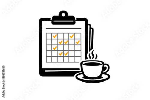 Planning and tracking tasks with a calendar and a warm cup of coffee on a white surface in a workspace setting, showcasing productivity and time management during the day
