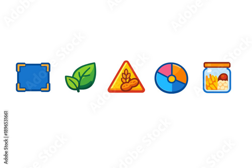 Five icons showing different items for food and nature in a simple design with a clear style and bright colors on a white background