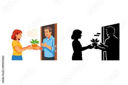 Person shares a plant at the door while another person receives it with a smile in a friendly exchange during the day