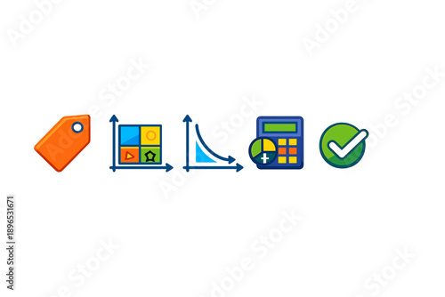 Different icons showing a tag, a graph, a curve, a calculator, and a checkmark on a simple background with no distractions