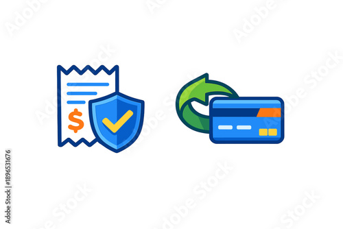 Payment processing with receipt, shield, and card symbol in digital design showing financial transaction features and security measures for online shopping and bill payments