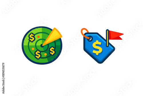 Icons showing a target with dollar signs and a price tag with a dollar symbol, representing business concepts such as sales and revenue tracking
