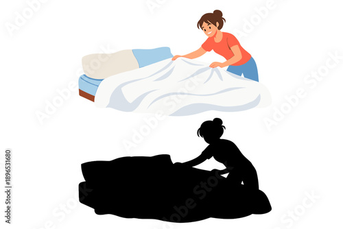 A person makes a bed by smoothing blankets and arranging pillows in a cozy bedroom setting during the morning