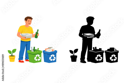 Person sorts recyclable materials in a bright setting while plants and recycling bins are nearby during daytime