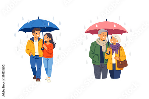 Couples walking together under umbrellas on a rainy day in a city park during autumn season with trees shedding leaves