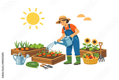 Gardener waters plants in a vegetable garden during a sunny day while working with tools and enjoying nature