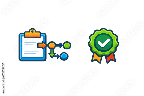 Workflow process and quality assurance symbols used in business operations for efficient management and validation