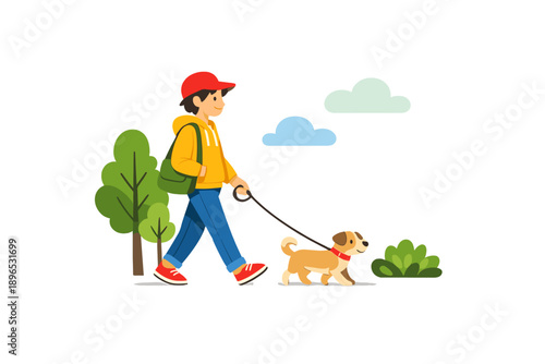 Boy walks dog in a park on a sunny day while enjoying fresh air and nature