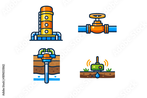 Various types of water pipes and valves are displayed in different styles showing their functions and designs for plumbing systems