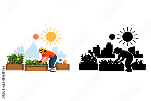 Gardener tending to vegetable beds in urban garden on sunny day with city skyline in background and bright sun overhead