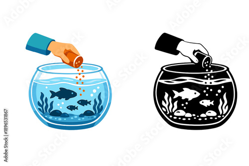 Hand adds food to fish bowl with orange flakes and fish swimming around in clear water and a black outline version of the same scene