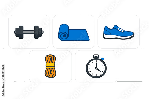 Different tools for workouts are shown including weights, mats, shoes, ropes, and stopwatches for exercise routines