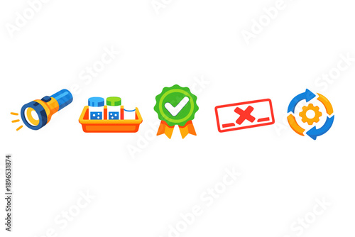 Diverse collection of icons showing tools and symbols related to quality control and inspection in a workplace setting